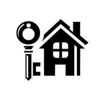 Minimalist Black and White Real Estate House silhouette with a key, symbolizing property, security, and homeownership against a subtle gradient backdrop. vector