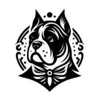 Elegant Black and White Portrait of a Pitbull Terrier Dog Wearing a Bow Tie within a Decorative Circular Frame. vector