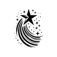 A stylized black and white illustration depicts a large star with a shooting trail of stylized curved lines, surrounded by smaller stars and dots on a white background. vector