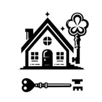 Black and White A House with a Decorative Key Symbolizing Home, Property, and Real Estate. Two Keys. vector