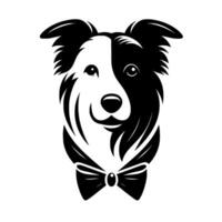 Formal, stylized, symmetrical monochrome illustration of a Border Collies head, wearing a bow tie, on a white background. vector