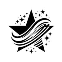 Black and white starburst with a large central star, stylized wavy lines, and surrounding stars on a bright white background. vector