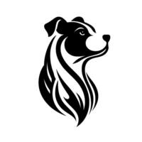 A stylized black and white dog head with elegant, flowing lines, set against a clean white background, perfect for logos or branding. vector