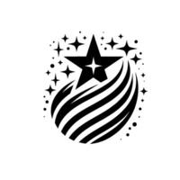 Black and White Starburst featuring a Central Star with a Glowing Center, Accented by Spiraling Strokes and Additional Sparkle Elements. vector