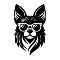 Stylish Black and White Portrait of a Dog Wearing White Sunglasses, Featuring Dramatic Fur and a Sleek, Modern . vector