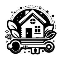 Black and White EcoFriendly Home Symbol with Key, Leaves, and Celestial Elements. vector