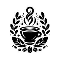 Monochrome Coffee Emblem Steaming Cup Centered in a Laurel Wreath with Coffee Beans and Leaves. vector