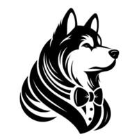 Formal Husky Portrait A black and white illustration of a stately Siberian Husky wearing a tuxedo bow tie, displaying elegant lines. vector