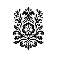 Symmetrical Black and White Floral Damask Pattern with Detailed Foliage, Flower, and Curvilinear Elements on White Background vector