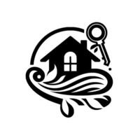 Elegant Black and White Real Estate Featuring House, Key, and Decorative Leaf Elements in a Circular Arrangement. vector