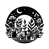 Night Garden Scene Moonlit Silhouette of Plants, Tools, and Flowers Inside Circular Frame with Starry Sky in Monochrome. vector