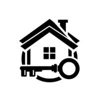 Black and white stylized house with key, symbolizing homeownership, real estate, and property access on a white background. vector