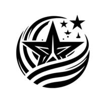 Bold Black and White Star Emblem Within a Swirling Circle, Featuring Additional Stars and Stylized Elements. vector