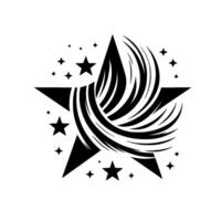 A striking black and white emblem, featuring a stylized star encompassed by dynamic, flowing lines and scattered miniature stars, set against a pristine white background. vector