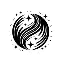 Black and White Celestial Yin Yang, Swirling Energy Symbol, Surrounded by Stars and Floating Particles, Minimalist Cosmic . vector