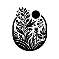 Elegant monochrome floral composition within an oval frame, featuring plants, leaves, berries, flowers, and a stylized sun. vector