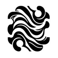 Abstract monochrome featuring a symmetrical, ornate florallike motif with flowing wavy lines, two circles and a squarelike overall composition. vector