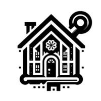 A geometric black and white illustration of a house with a keyshaped outline, flower motif, and symmetrical . vector