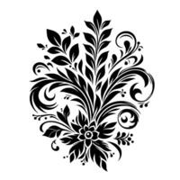 Elegant Black Floral Damask with Leafy Flourishes and Scrollwork, Symmetric Composition on White. vector