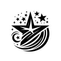 Celestial Emblem A Black and White Starry featuring a Large Star, Crescent, and Trail on White Backdrop. vector