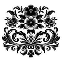Symmetrical Floral in Black and White Intricate Art Featuring Hibiscus, Leaves, and Scrollwork on a White Background vector