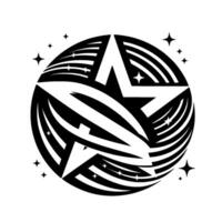 Black and White Starburst Emblem A stylized star within a circular , radiating energy with surrounding small stars. vector