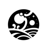 Black and White Circular Abstract Elephant, Waves, Moon, Star, and Universe Elements in a . vector