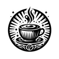 Stylized black and white coffee illustration within a circular frame, featuring a steaming cup on a saucer, surrounded by radial lines, dots, and starlike shapes. vector