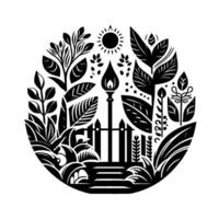 Monochromatic Garden Emblem Sunlit scene with a fence, glowing lamp, and lush foliage, stylized in a circular . vector