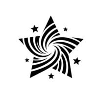 A black and white minimalist featuring a fivepointed star with a swirling striped center and additional star accents. vector