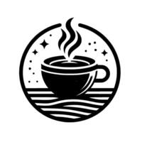 A monochrome featuring a stylized coffee cup with rising steam, stars, and dots within a circular frame. vector