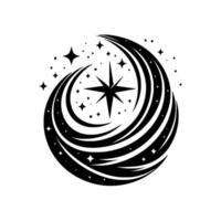 Black and White Celestial A Starburst Compass Surrounded by Swirling Comet Trails and Sparkling Stars in a Modern, Minimalist Composition. vector