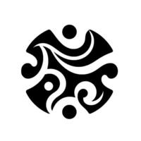 Abstract Monochrome Circular Intertwined Black Shapes, White Swirls, and Dot Accents Within a Symmetrical Pattern. vector