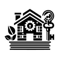 Symbolic black and white of a house with a gear and upward arrow, alongside a key and leaves, representing home improvement and sustainable living. vector