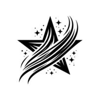 Black and white minimalist art of a star intertwined with flowing lines and smaller starbursts on a light gray background. vector