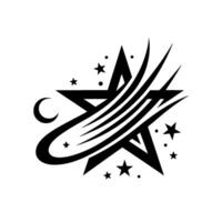 A minimalist monochrome featuring a starshaped outline overlaid with swooshing lines, a crescent moon, and smaller star icons, against a clean white background. vector