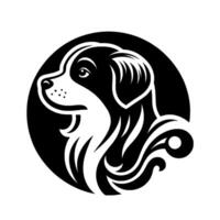 Artistic black and white of a dogs head, featuring a side profile in a circular frame, with stylized fur and elegant linework. vector