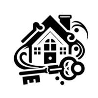 Decorative Black and White House Emblem with Swirling Key , Representing Home Access. vector