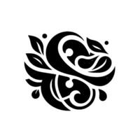 Symmetrical Black and White Floral Ornament with Leaves, Swirls, and Dots on a White Background. vector