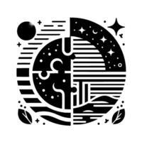 Abstract celestial and terrestrial black and white illustration of a circular , divided into sections of planets, leaves and starlight. vector