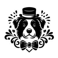 A dapper Border Collie, sporting a top hat and bow tie, framed by ornate decorative elements, presented in a striking black and white . vector