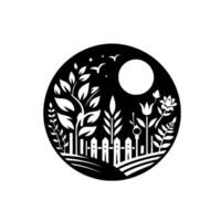 Black and white circular illustration featuring a stylized garden scene with a fence, diverse foliage, flowers, birds, a moon and stars. vector