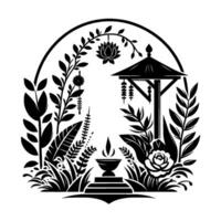 Intricate monochrome illustration of a zen garden scene, featuring a gazebo, lotus flower, and a floral arrangement, enclosed in a circular frame. vector