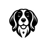 A stylized, minimalist illustration of a friendly dogs head, featuring black and white coloration, a smiling expression, and prominent ears. vector