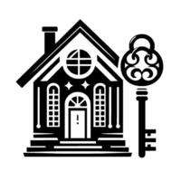 Black and white stylized illustration of a house with an ornate key, representing home ownership and property. vector