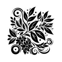 Elegant Black White Floral and Leaf Pattern on White Background, Featuring Swirls, Dots, and Stylized Blossoms. vector