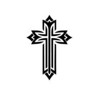 Elegant Black Cross Intricate Geometric Lines and Floral Embellishments on a White Background with Shadow. vector