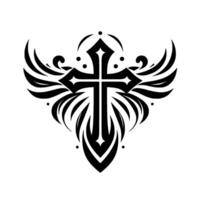 Ornate Black Cross with Winged on White Background A Bold, Decorative, and Symmetrical Religious Symbol. vector