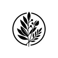 A stark black and white botanical illustration of a stylized plant with leaves and berries, enclosed within a circular frame. vector