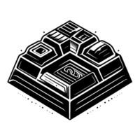 Isometric Black and White Geometric Illustration of a PyramidLike Structure with Ornamental Details, Isolated on a White Background. vector